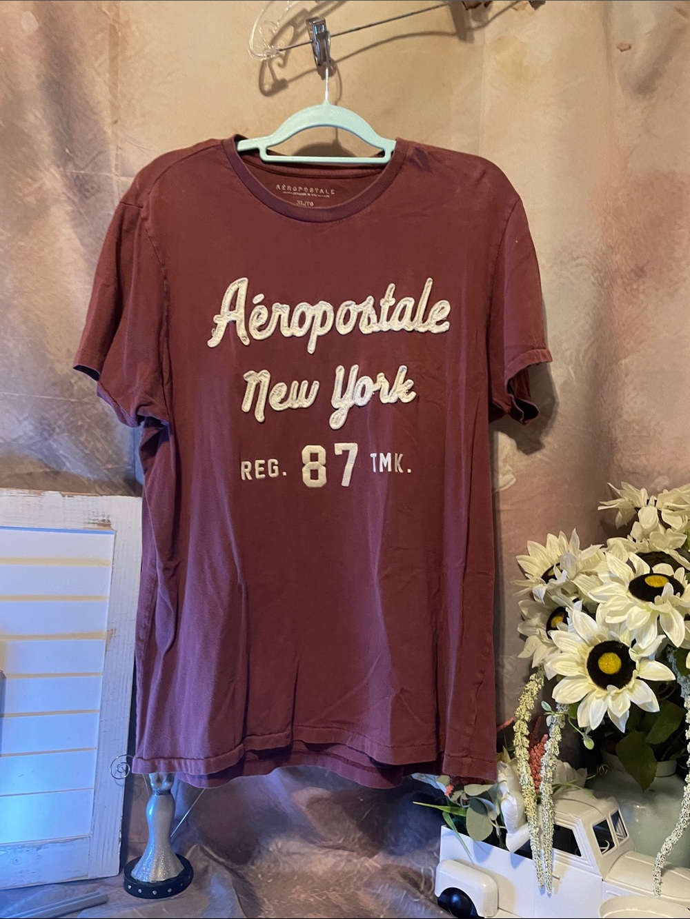 Aeropostale Burgundy Short Sleeve Tee with White Script